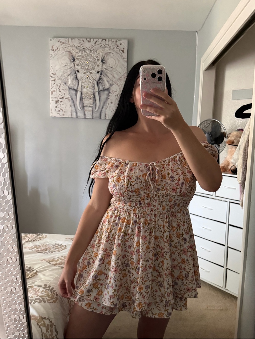 Floral Smocked Flowy Tiered Romper in Cream, Pink & Orange L Large